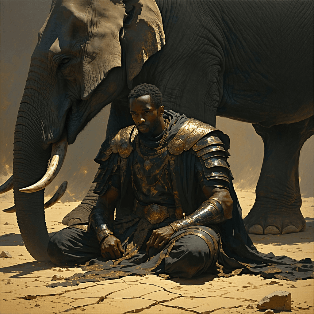 AI generated: Oil painting, a formidable King Abraha, his pale, chiseled face marked by cruelty and wisdom, eyes s...