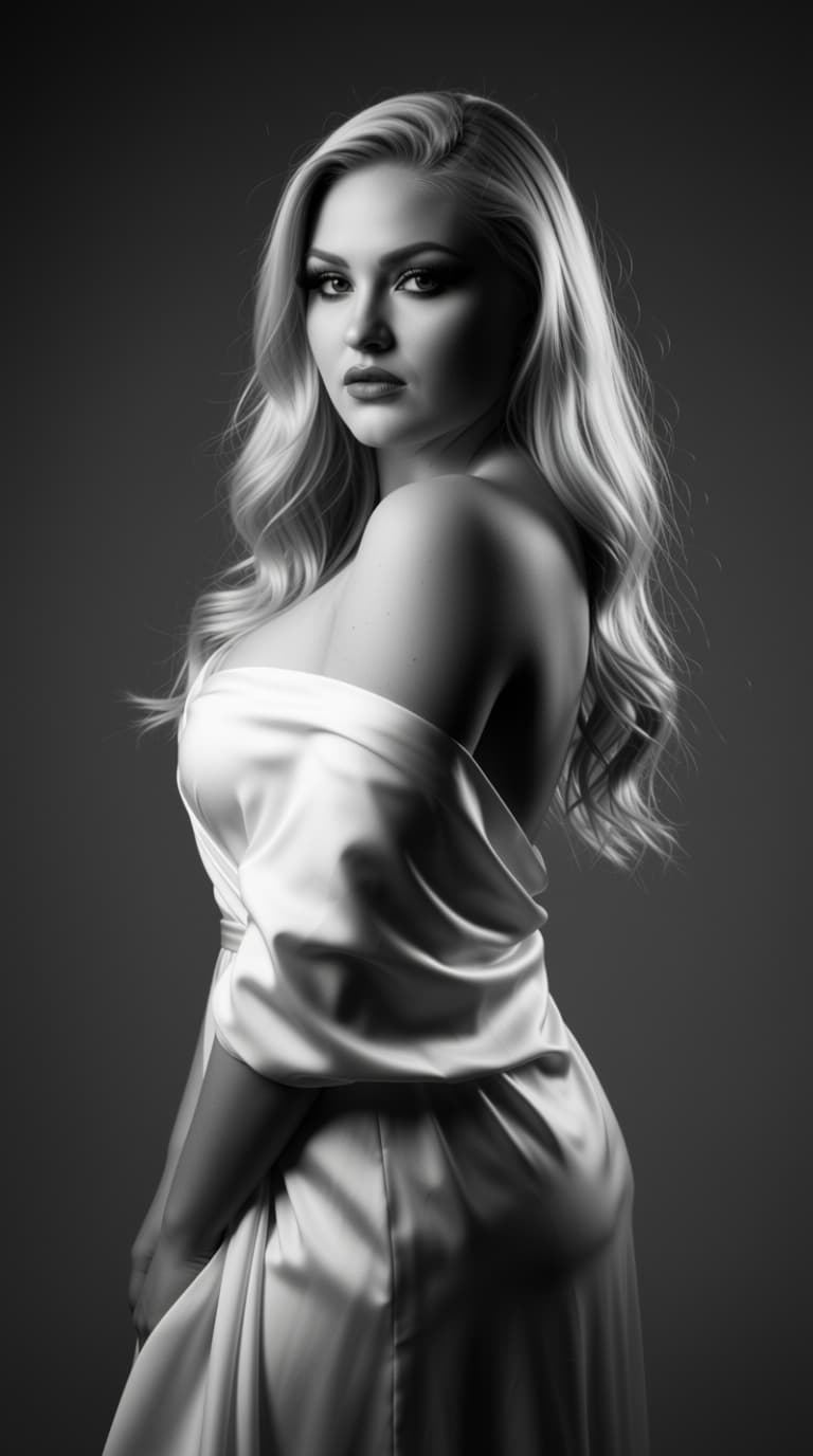 AI generated: Without changing facial features create a black and white portrait photo of a woman with long, wavy ...