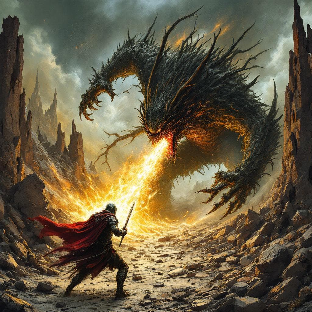 AI generated: This image depicts a dramatic battle between a lone warrior and a monster amidst a shattered, desola...
