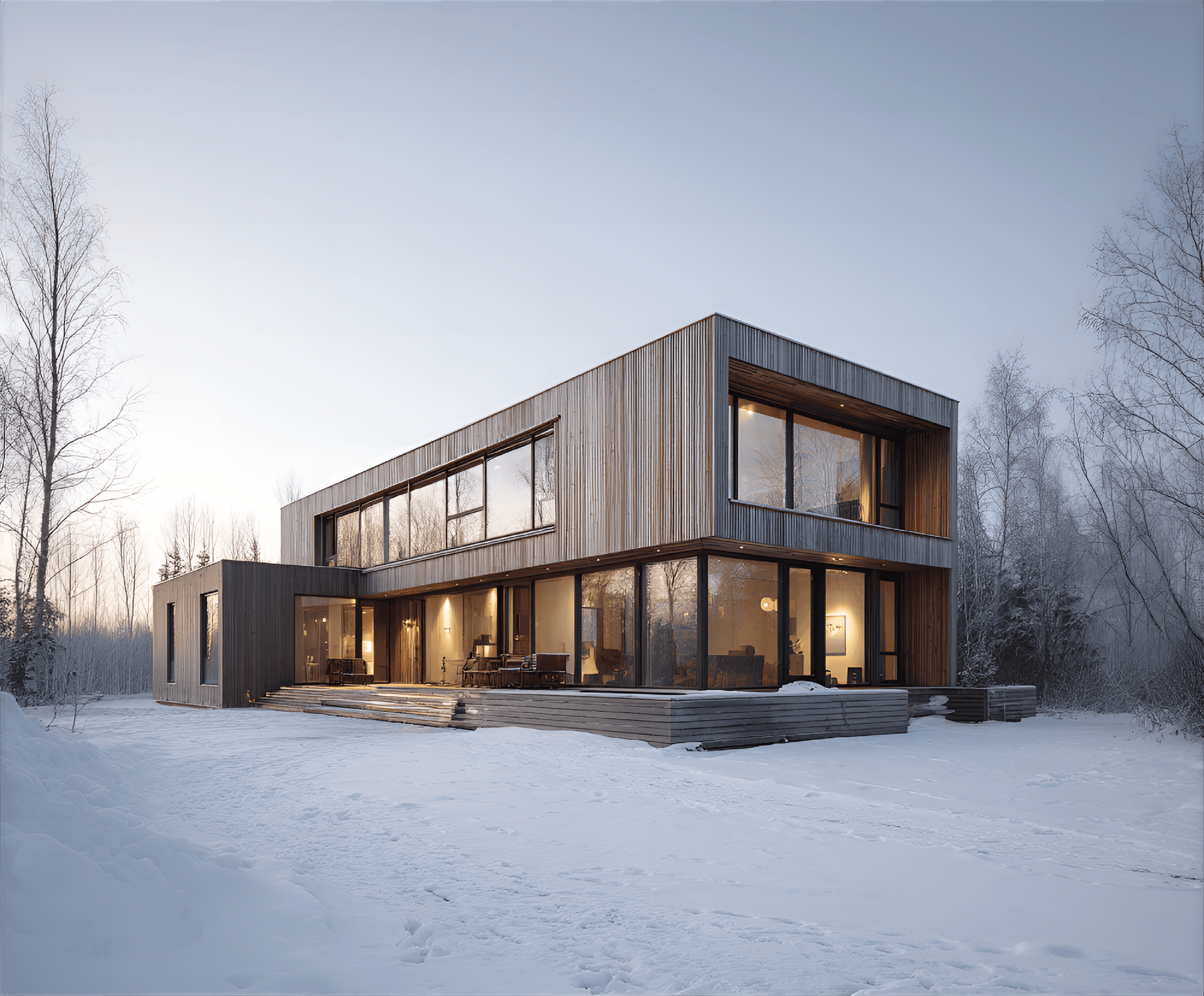 AI generated: Scandinavian minimalist house, wooden façade, large windows, snowcovered landscape, clean design, mu...