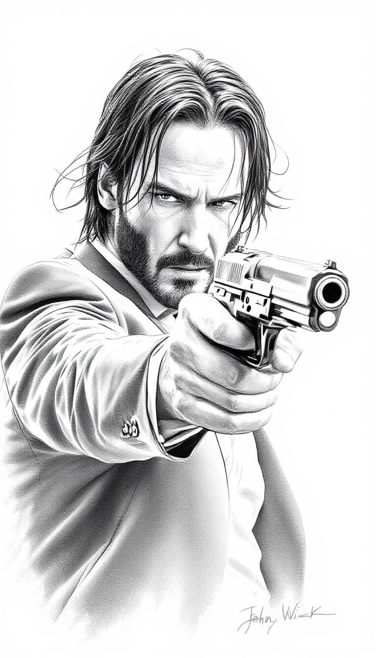 AI generated: Keanu Reeves as John Wick in the style of a pencil sketch drawing, action pose with gun drawn and re...