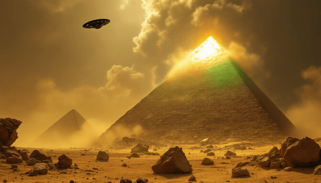 AI generated: An (8K) (photorealistic) image of a thin, triangle, black UFO shooting green laser beams at the high...
