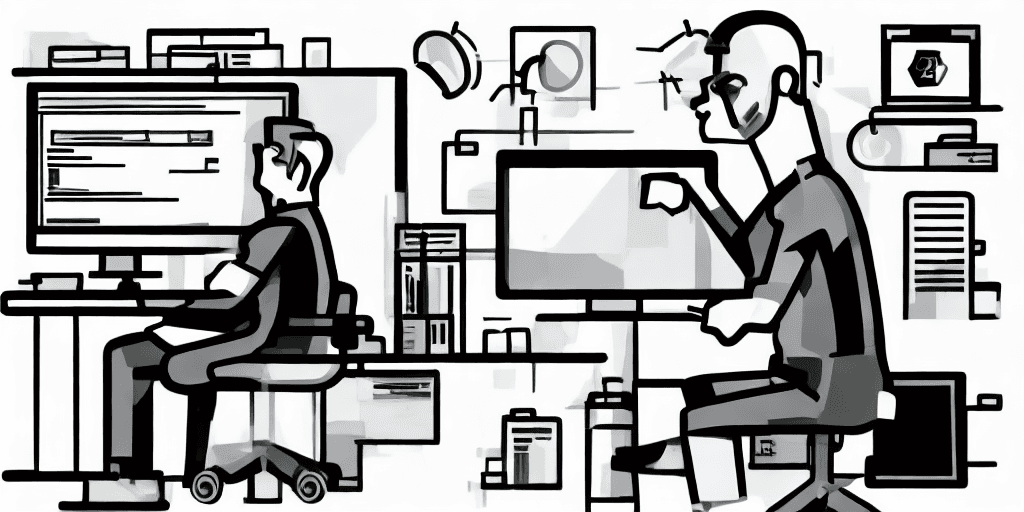 AI generated: A shockingly detailed monochromatic vector illustration of a software developer examining a small la...