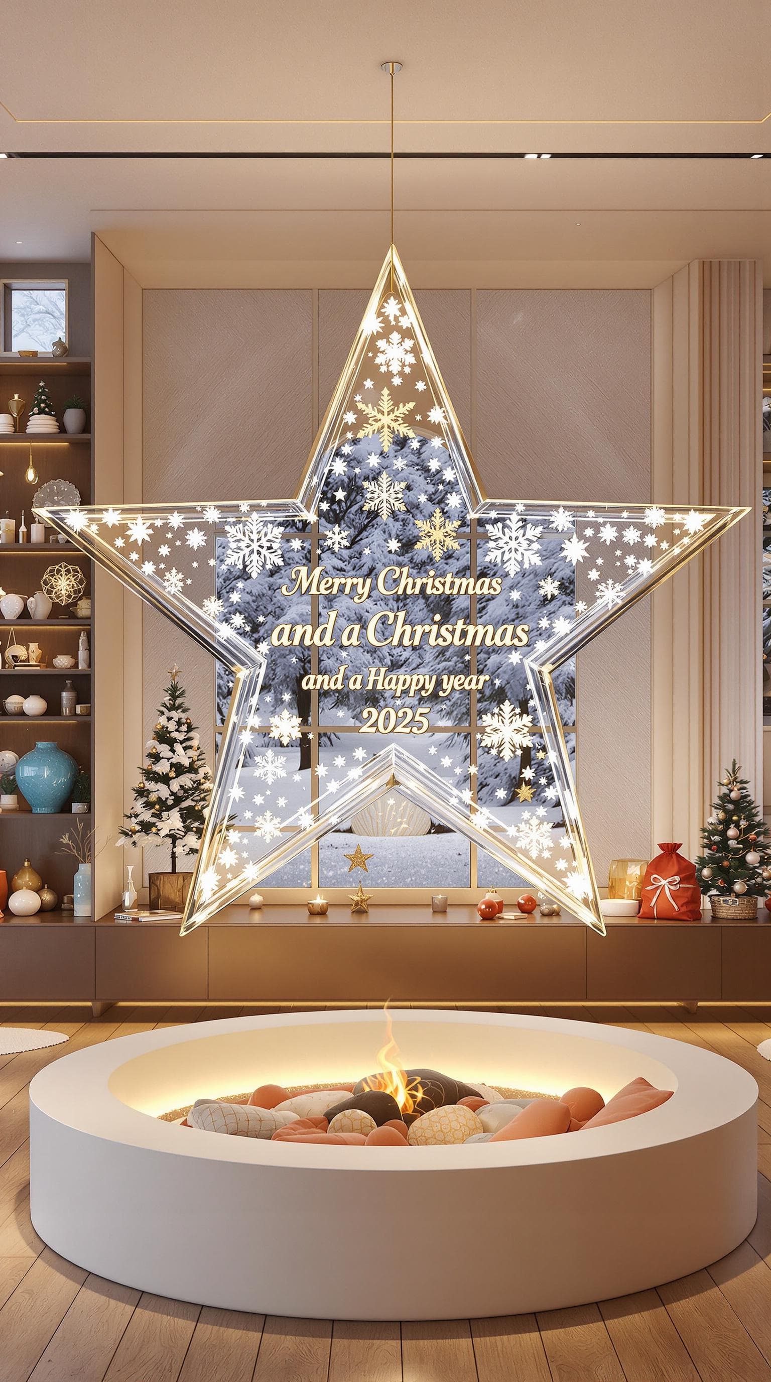 AI generated: High resolution crystal star with beautiful snowflakes and the name "Merry Christmas and a Happy New...