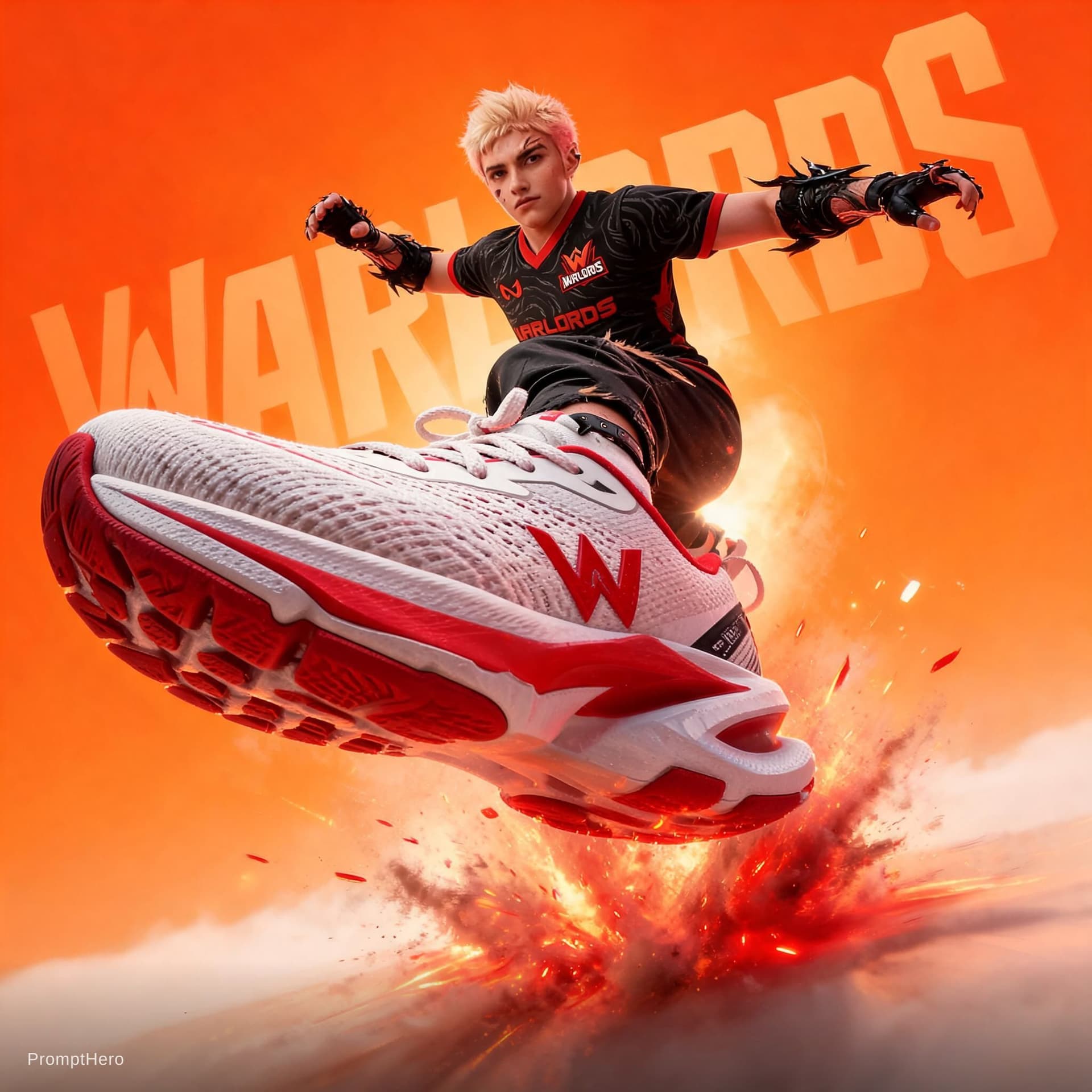 AI generated: A dynamic sportswear advertisement featuring a young athletic male model captured mid-air in an expl...
