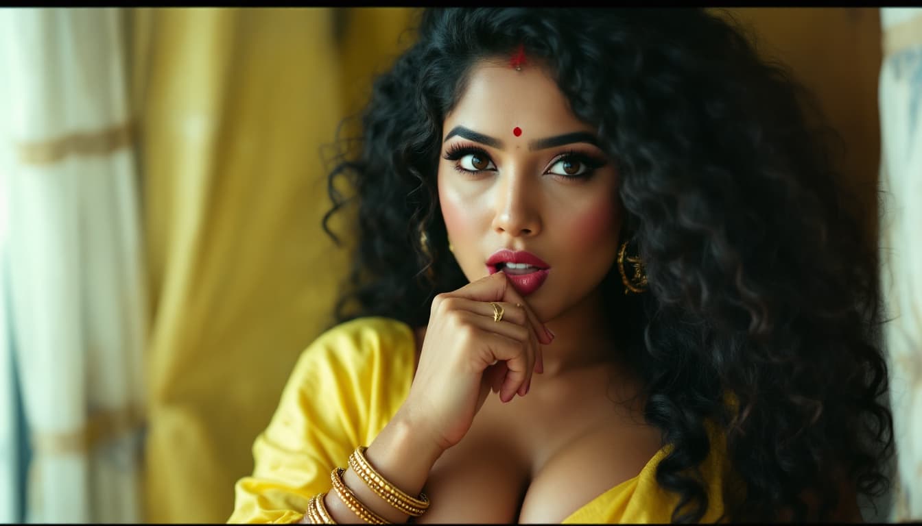 AI generated: Naina, full body, biting her lip, 35-40 years old, Black curly hair, Indian hair style, saree yellow...