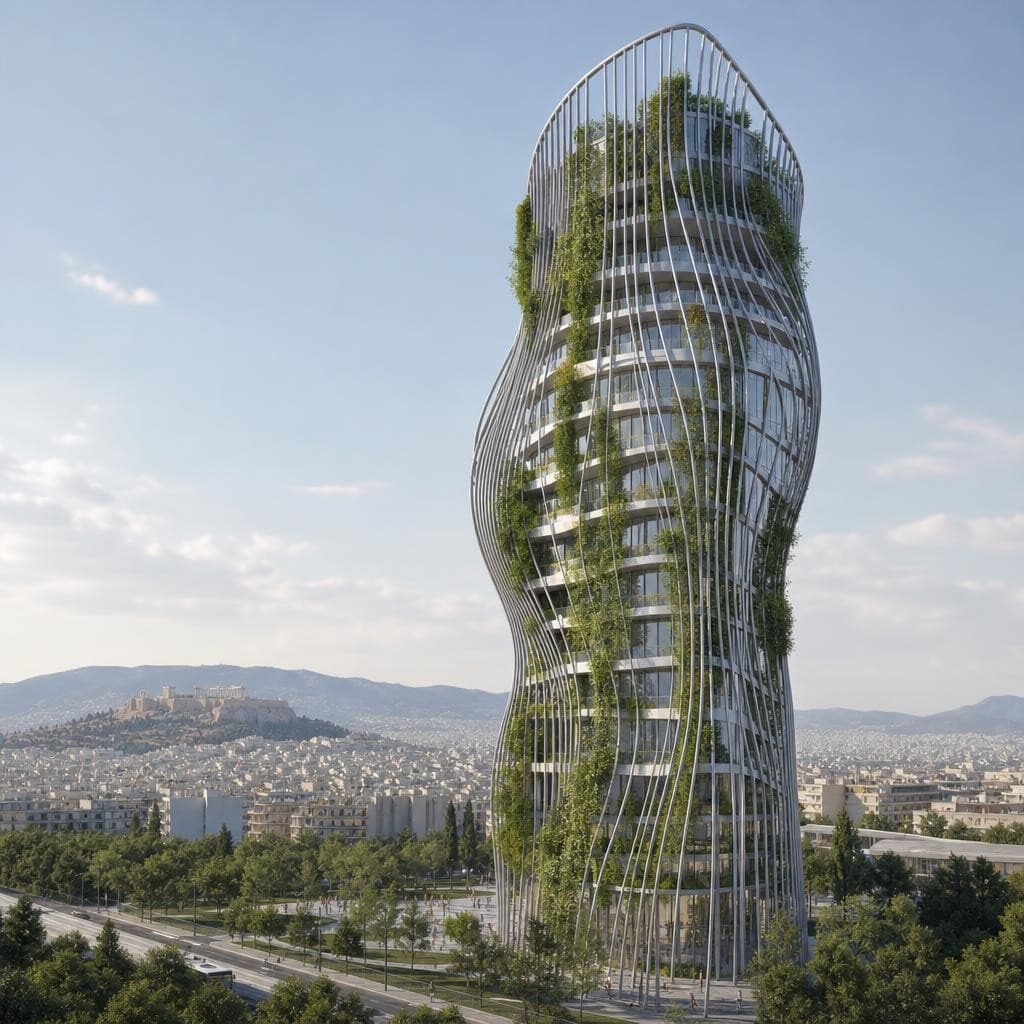 AI generated: Minimal organic skyscraper with a lightweight curved metal exoskeleton. Thin metal ribs (3–8 cm) arr...