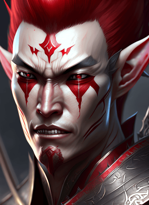 AI generated: evil male elf samurai with grey skin and red hair, ultra realistic, concept art, intricate details, ...