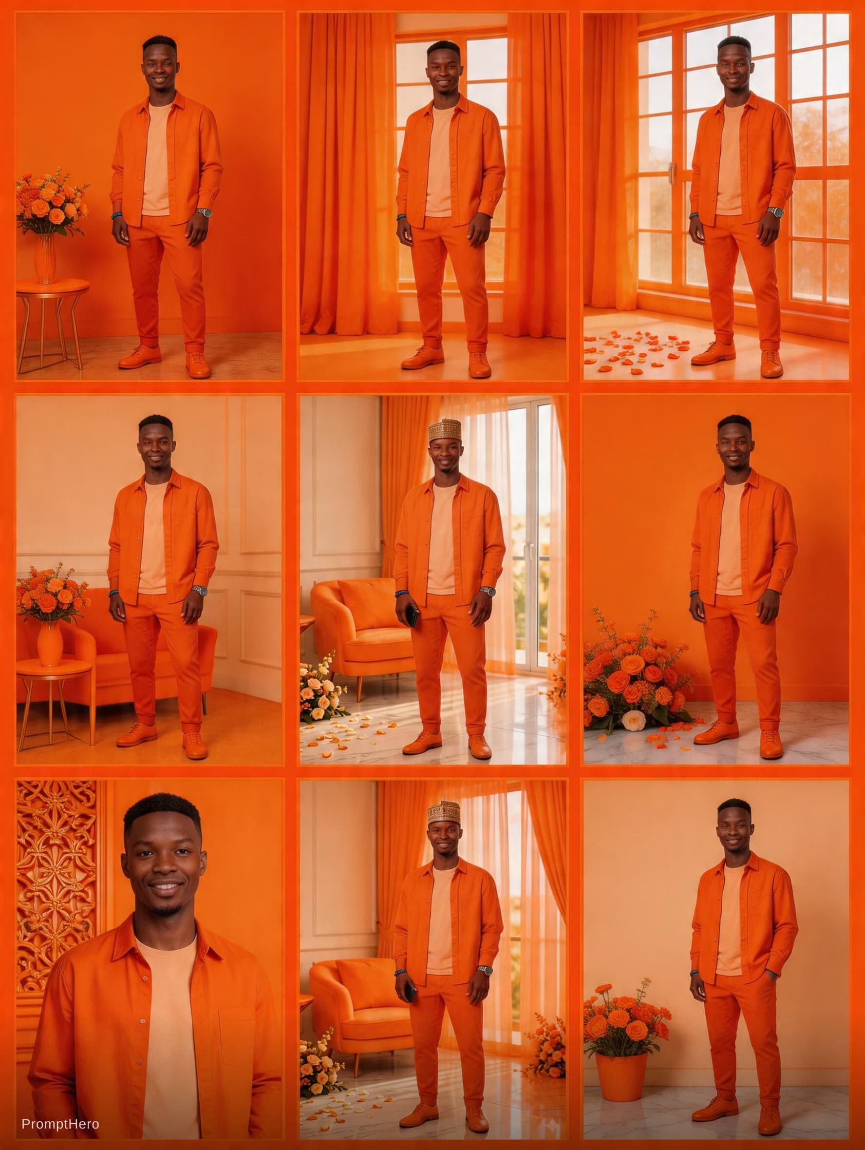 AI generated: A collage of 9 editorial-style photos with an orange color theme. The background, all objects, items...