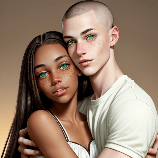AI generated: Photo of a white brunette young girl with two green eyes, braces, no freckles and long hair hugging ...