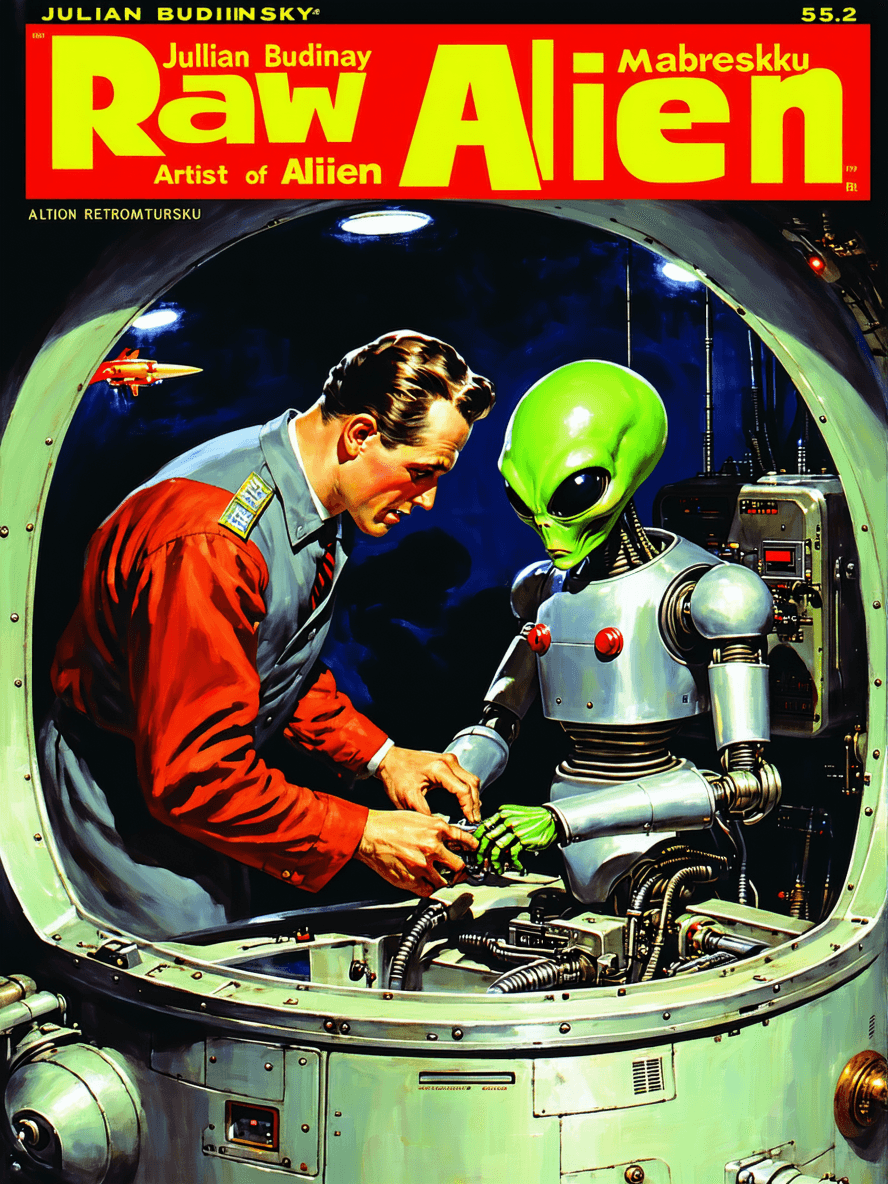 AI generated: A vintage pulp cover showing a space alien fixing a robot, with one man wearing a red and grey unifo...