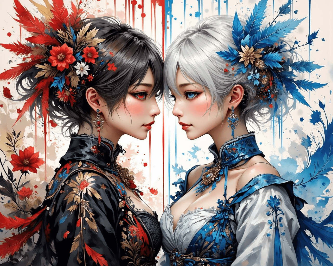 AI generated: two girls facing different direction, girl with black hair and red eyes facing to the left, girl wit...