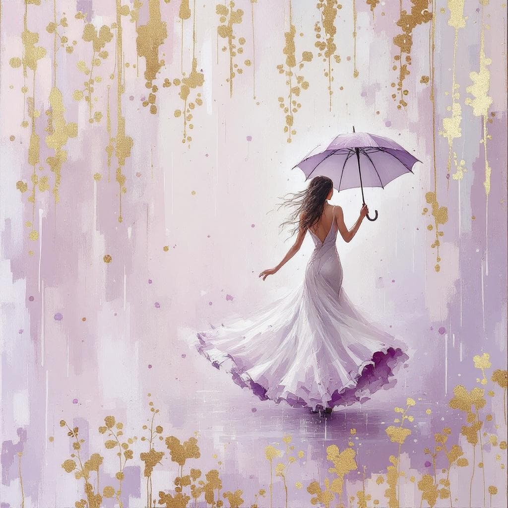 AI generated: A painting of a woman holding an umbrella and dancing in the rain. In the style of palette knife, so...