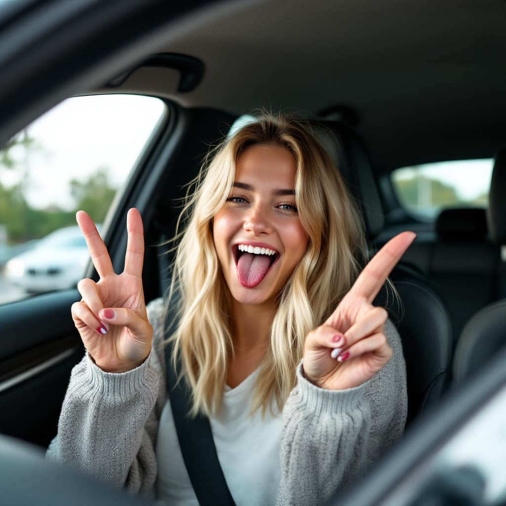 AI generated: A young 23-year-old woman with blonde hair is sitting in the driver's seat of a BMW, seen from the s...