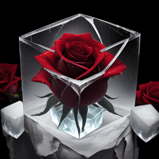AI generated: close-up photo of a beautiful red rose breaking through a cube made of ice , splintered cracked ice ...