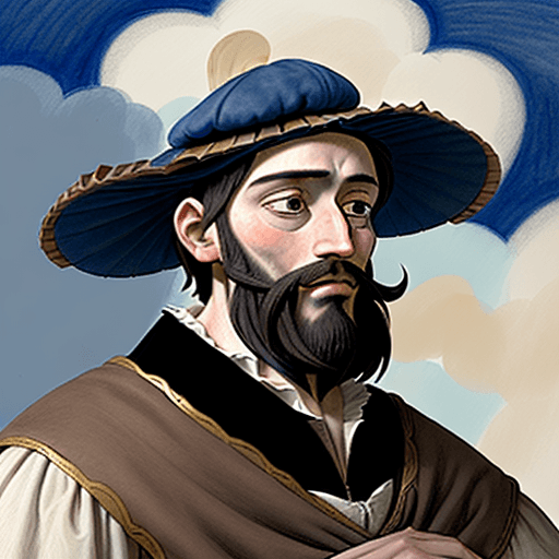 AI generated: Drawing for children's comic of a thin, bearded, 16th century Spanish man with a scholar's cap and r...