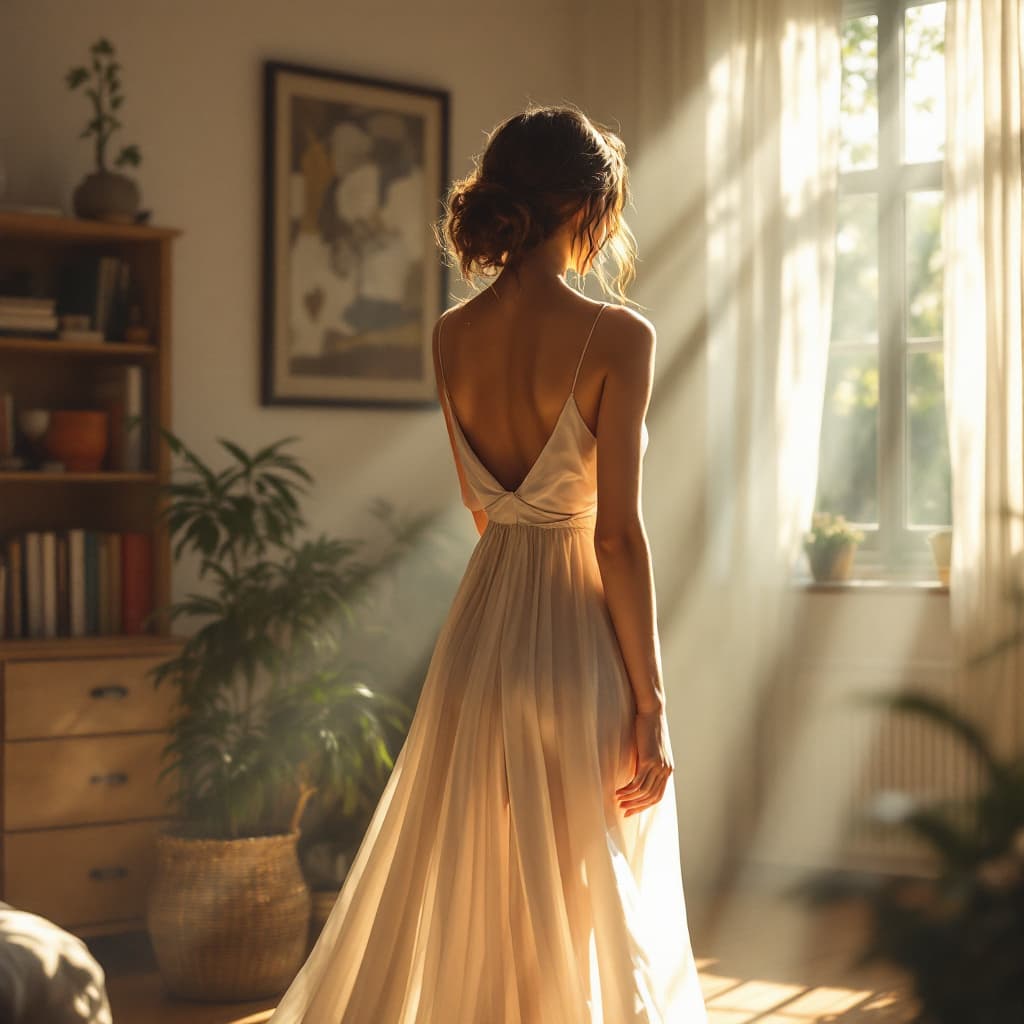AI generated: A woman stands in the room wearing a light dress that reflects her figure gracefully, bathed in sunl...