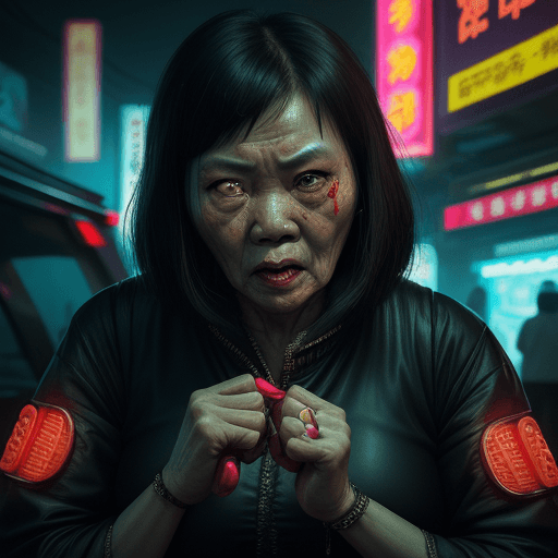 AI generated: Horror Thai mother-in-law's vicious face, Chinese clothing, fat night, ((cyberpunk style)), Hi-Tech ...