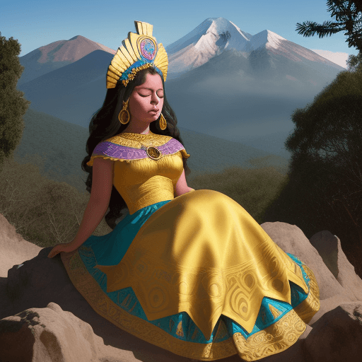 AI generated: princesa azteca hermosa durmiendo boca arriba sobre una montaña vista de perfil
