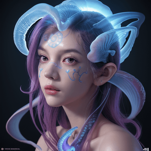 AI generated: Goddess close-up portrait ribcagel. jellyfish phoenix head, nautilus, orchid, skull, betta fish, bio...