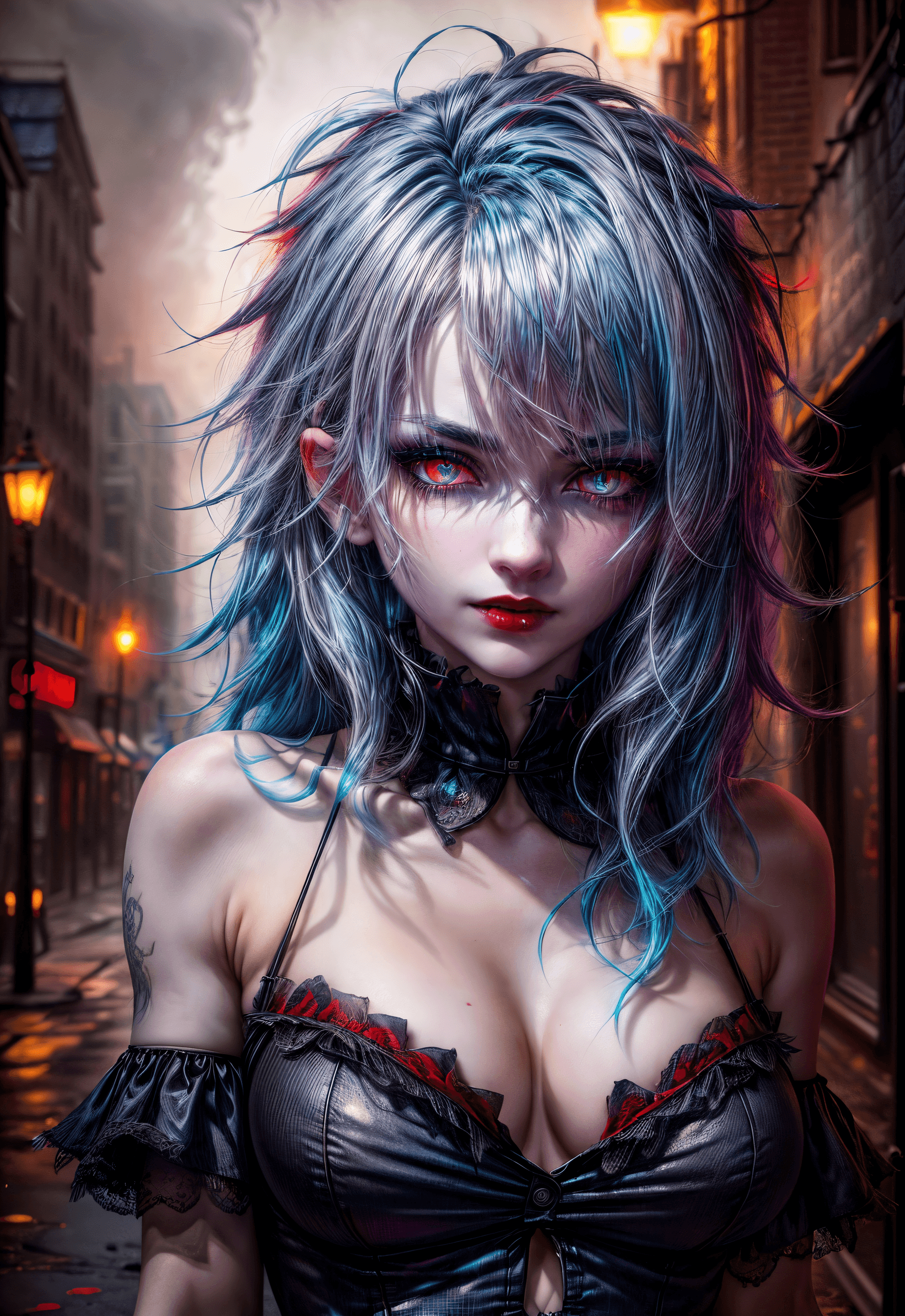 AI generated: dark-theme, chaos, (night alley, fog, nightmare, feather), cute, pale skin (light blue hair, long me...