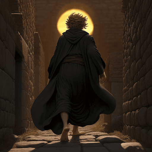 AI generated: Jonah’s reaction: the decision to flee:
Jonah, wearing a long dark robe, runs through a narrow path ...