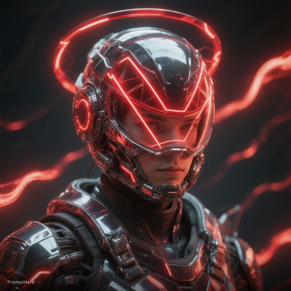 AI generated:  futuristic cyborg boy featuring a captivating reflective cybernetic helmet adorned with glowing tri...