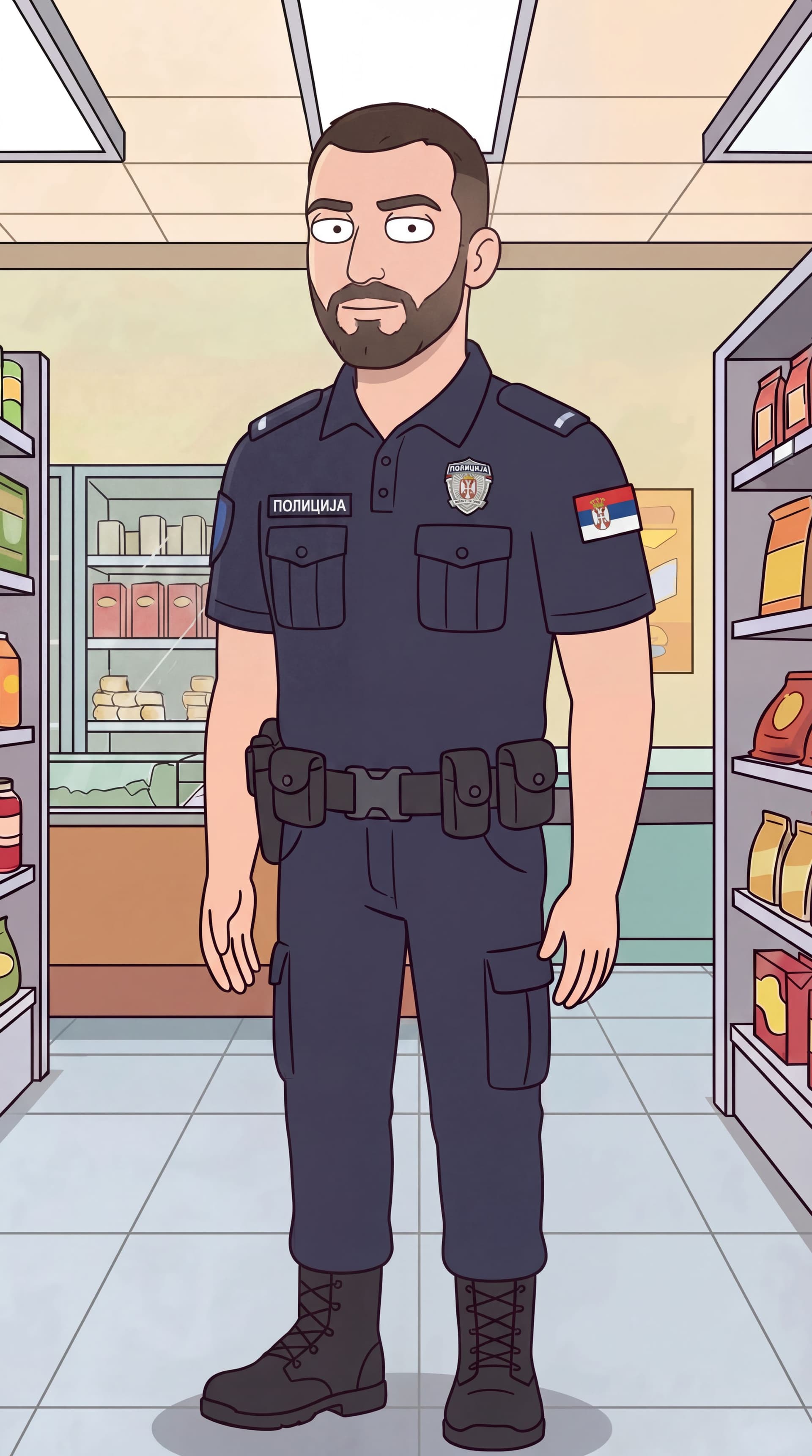 AI generated: make the character look different. dark brown hair short hairstyle with short beard  mid 30s. Tall.