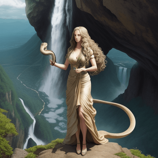 AI generated: a full-length woman with a waterfall of hair standing on a mountain with a snake in her hand and wit...