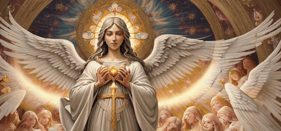 AI generated: Prompt: "A beautifully detailed religious mural collage with a central figure of the Sacred Heart of...