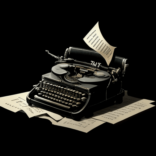 AI generated: a typewriter that is also a gun shooting a firing bullet, a man writing in a typewriter, black backg...