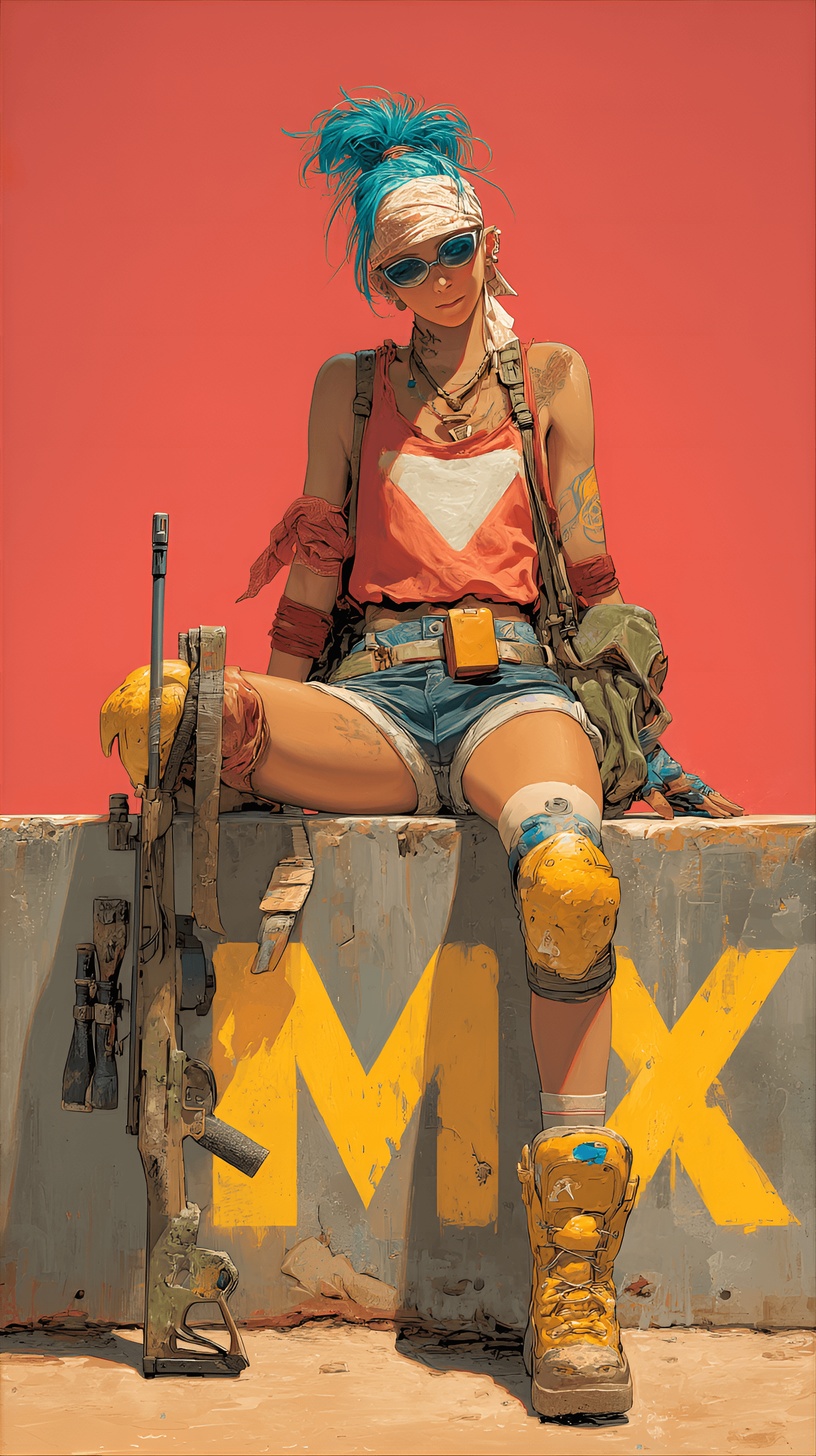 AI generated: full body shot of a confident, athletic woman sitting casually on a concrete block  near her. The ba...