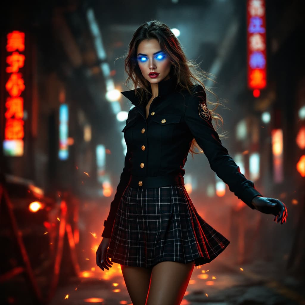 AI generated: there is a woman in a plaid skirt posing for a picture, , ((official uniform)), female spy, glowing ...