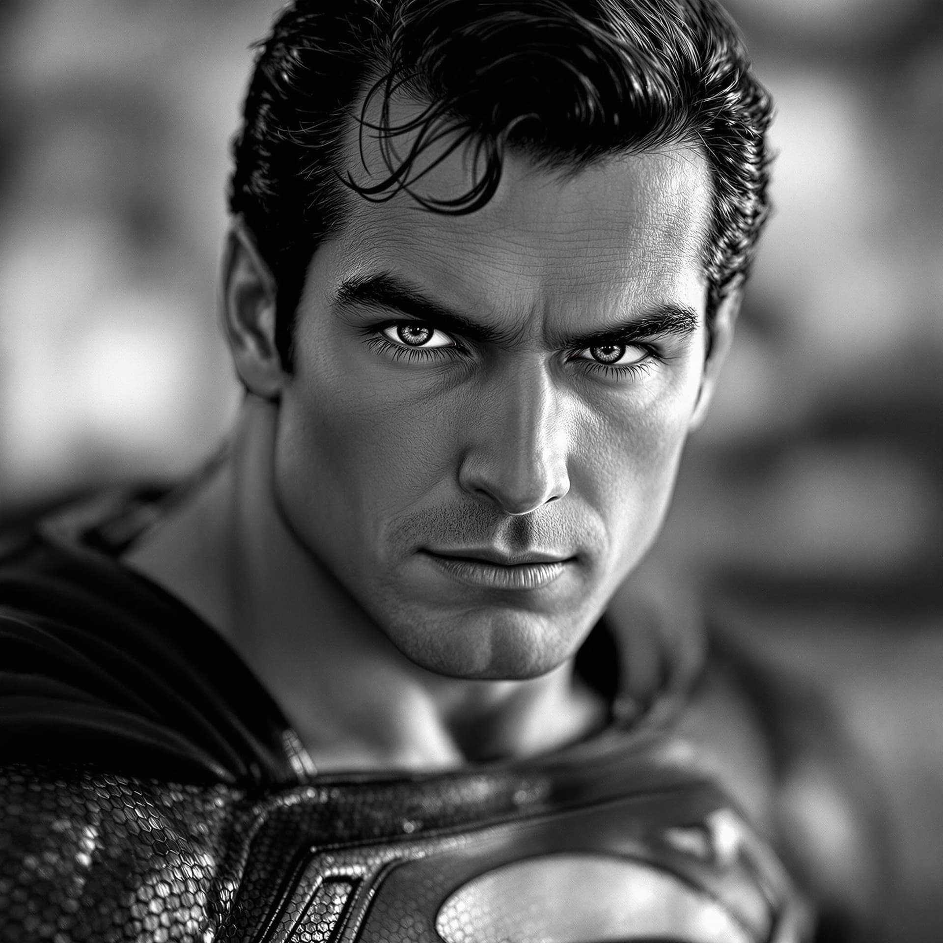 AI generated: wallpaper, high texture quality photo of superman, staring at camera, extreme close-up, black and wh...