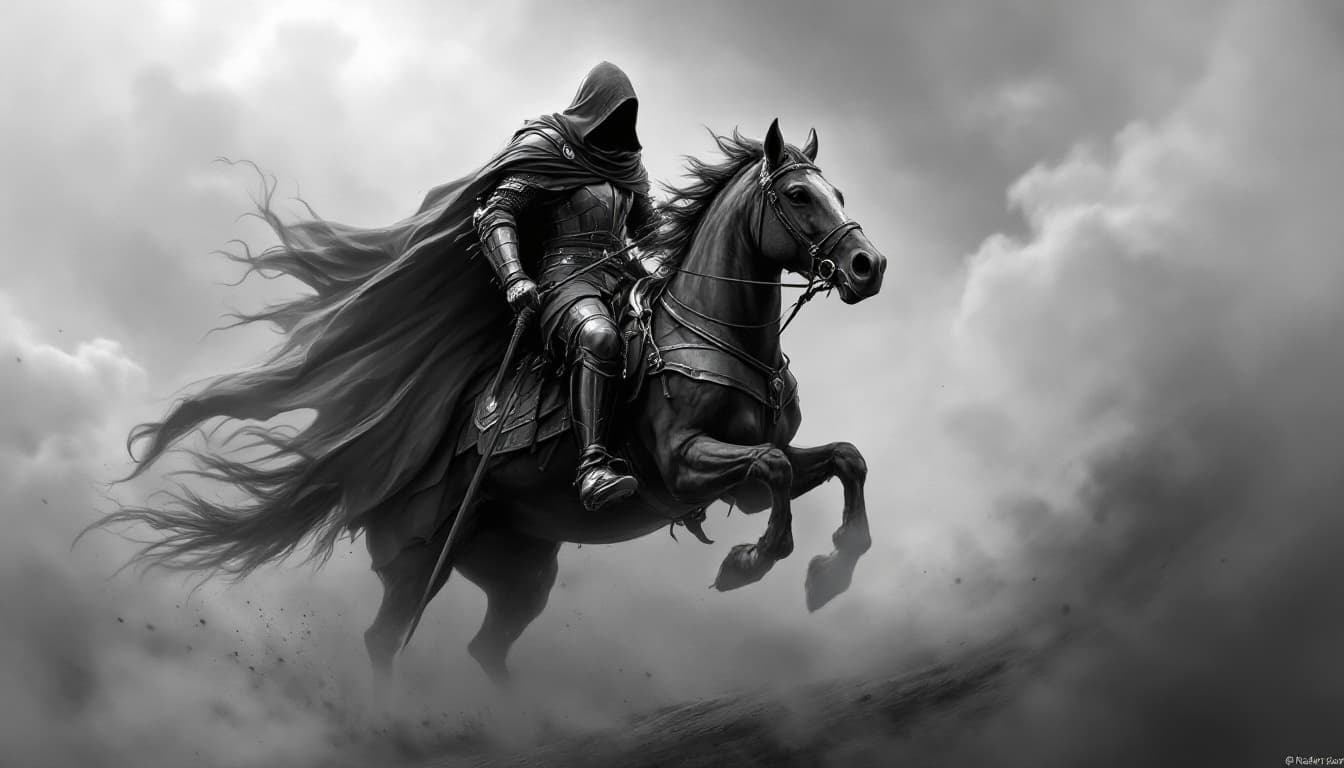 AI generated: Black and white art of a hooded knight riding his horse in full gallop, smoke around him, detailed, ...