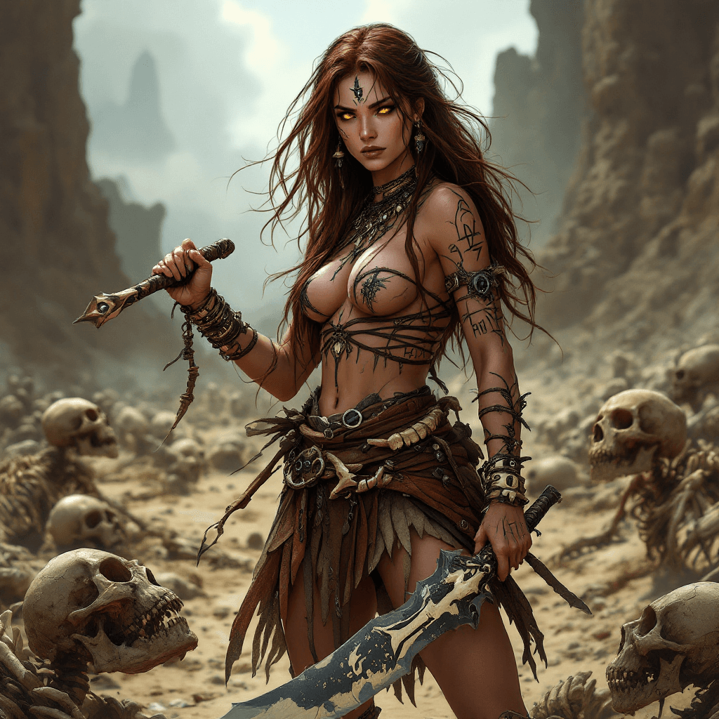 AI generated: 17. The Bone Carver Warrior: A formidable warrior with long, dark auburn hair often styled with bone...