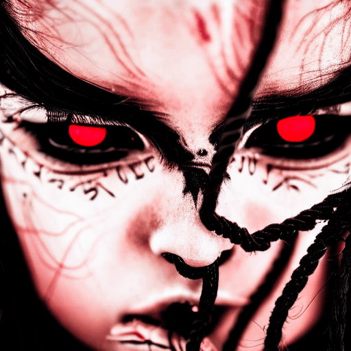 AI generated: Demon horror Sad girl with black ropes in her eyes, black ropes coming out from her eyes