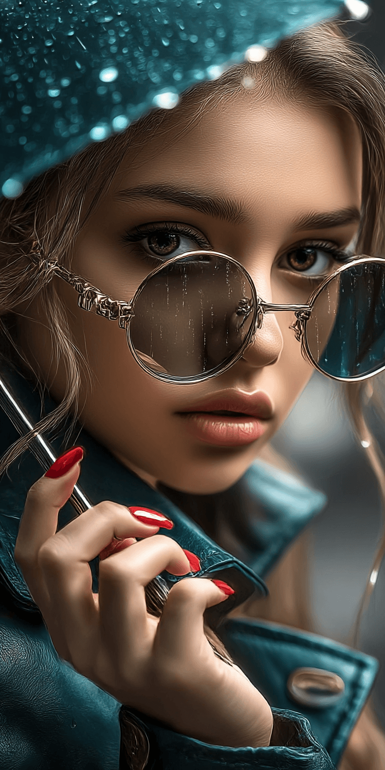 AI generated: A beautiful girl with long hair, wearing round sunglasses and holding an umbrella in her hand, is lo...