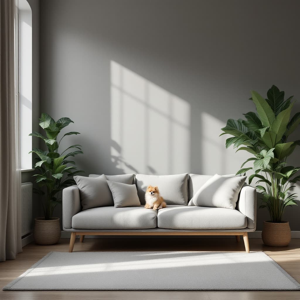 AI generated: 
"A realistic, minimalistic living room with modern furniture in shades of gray, matching the smooth...