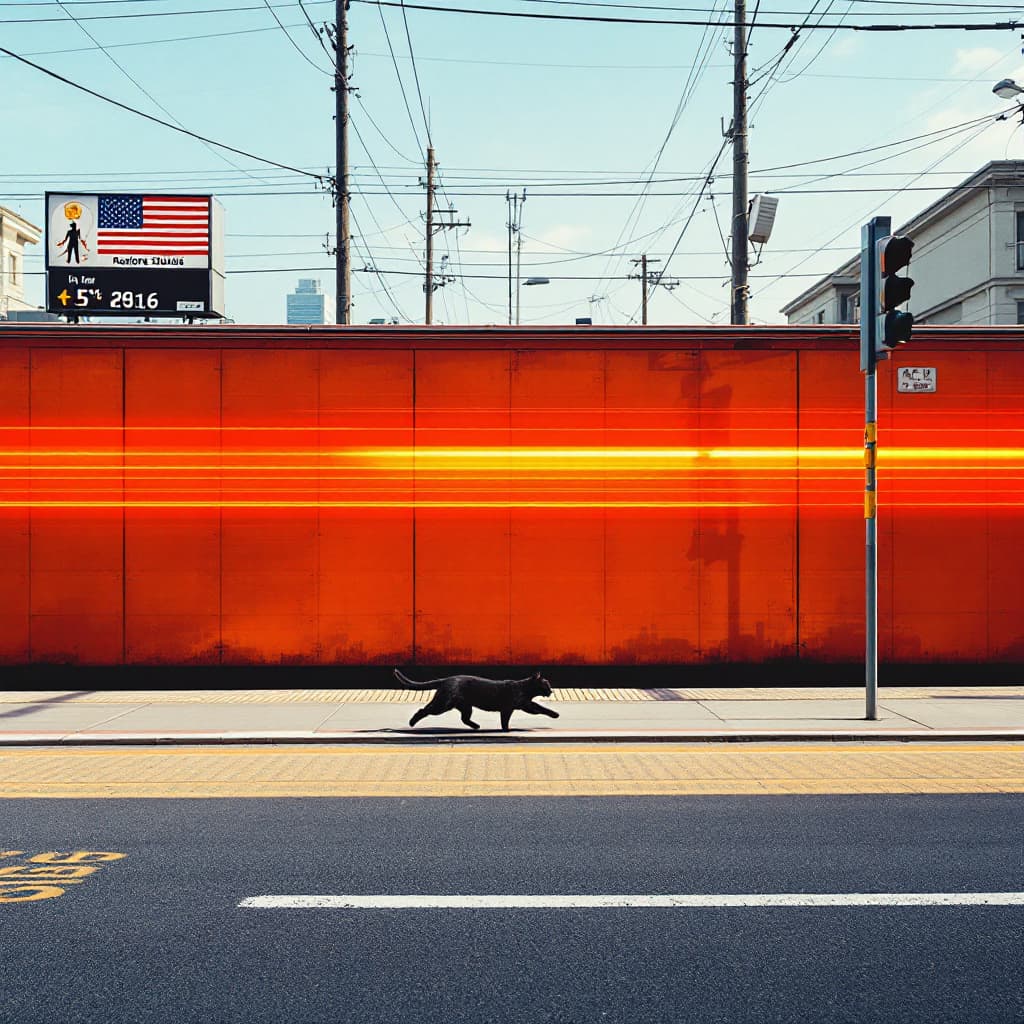 AI generated: conceputal image, commercial, rapid red line theme, wide shot, passing by a running black cat, simpl...