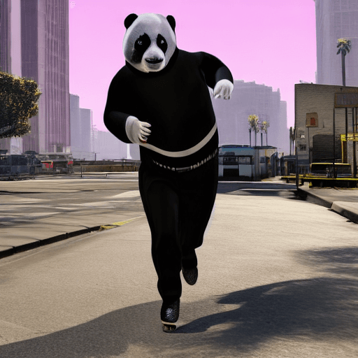 AI generated: in the style of gta v, a black and white panda wearing: a black bowler hat, a tartan bow tie, pink r...