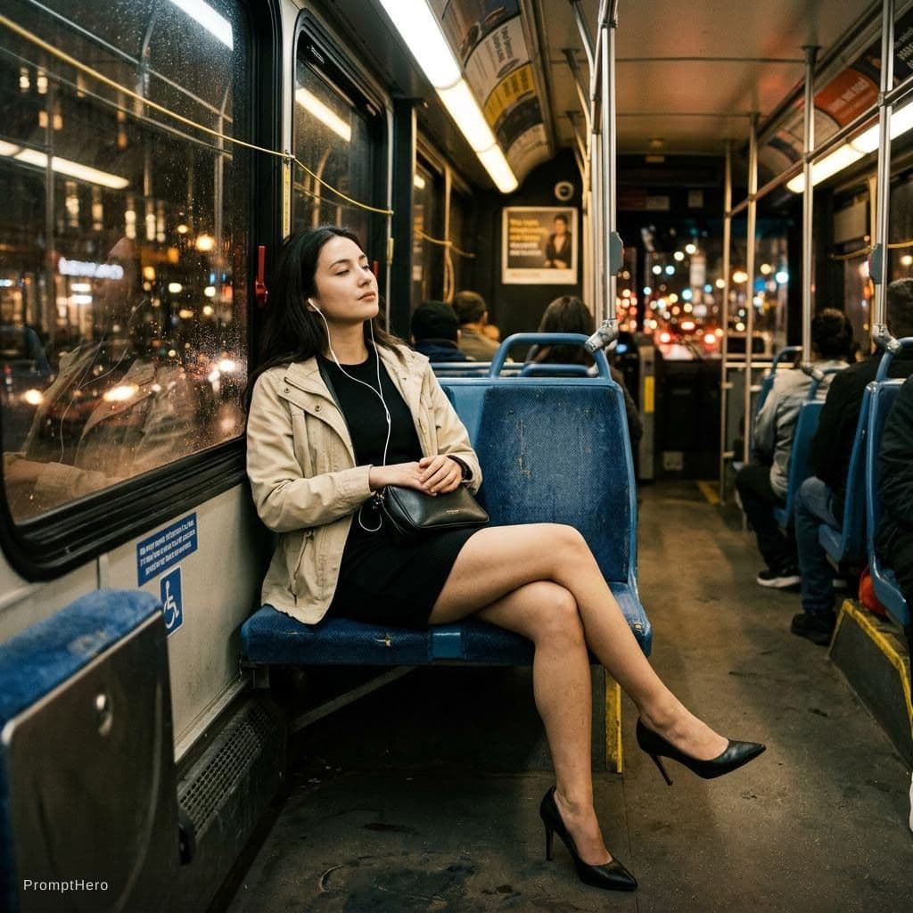 AI generated: A photo-realistic shot of the uploaded woman in a black mini skirt, black top and light jacket, seat...