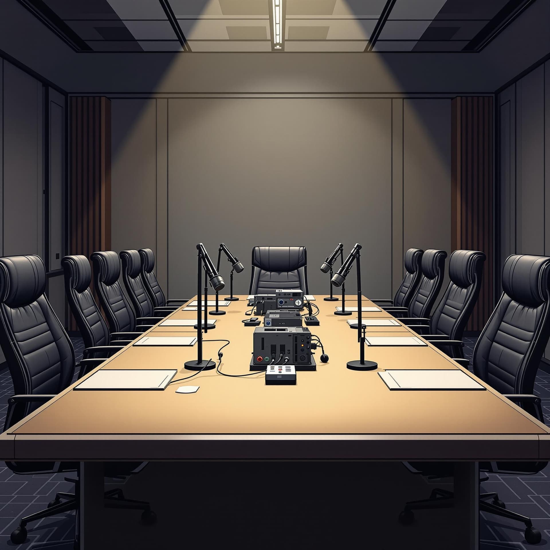 AI generated: front view of a rectangular conference table with executive chairs alongside it with bigger Desktop ...