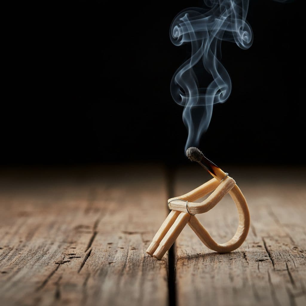 AI generated: A playful scene featuring a creatively positioned matchstick, bent to form a sitting figure on a rus...