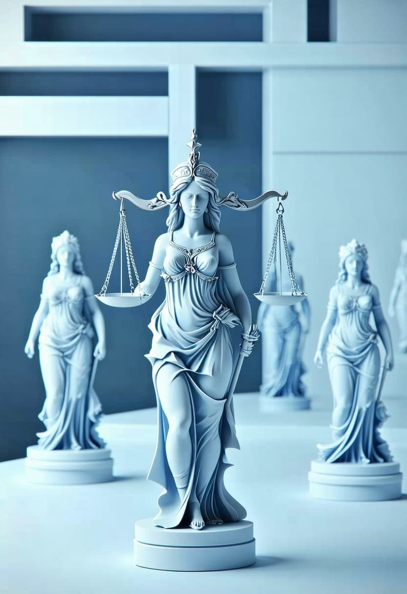 AI generated: Create a visual, show the six ladies together as one Justice for All emblem. Lady Justice for six di...