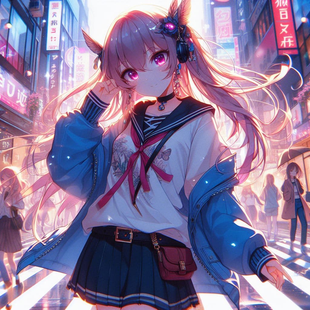 AI generated: anime by Studio Trigger style, 2D, illustration, beautiful, kawaii bishoujo fashion model, street sc...