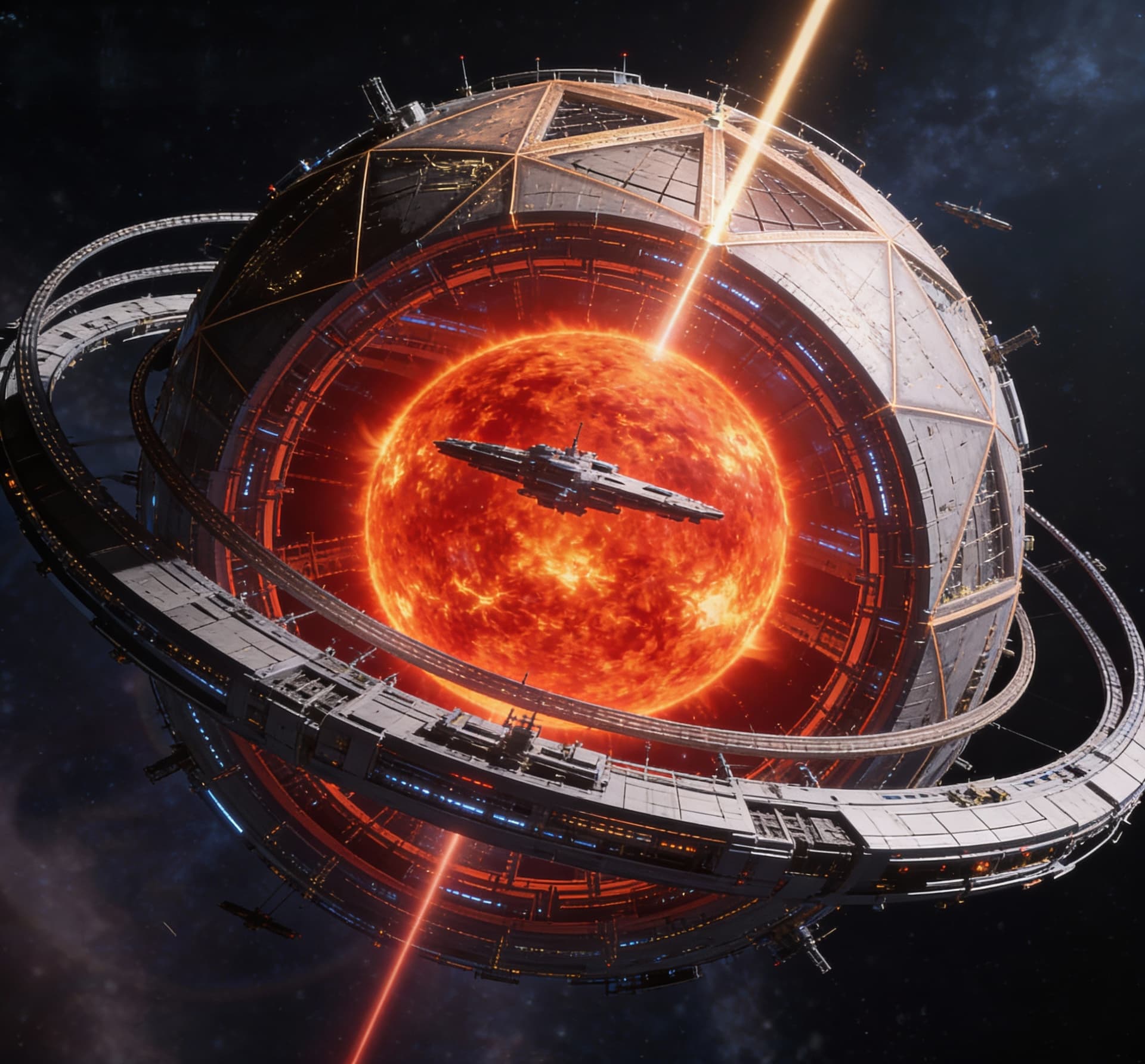 AI generated: Use the Reference Image to imagine, in detail, an alien Starship manufacturing Dyson’s Sphere.  Alte...