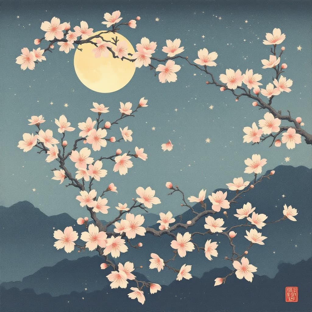 AI generated: Cherry blossoms and the moon in the style of Ukiyo-e, delicate brushwork, ink stamp at the bottom ri...