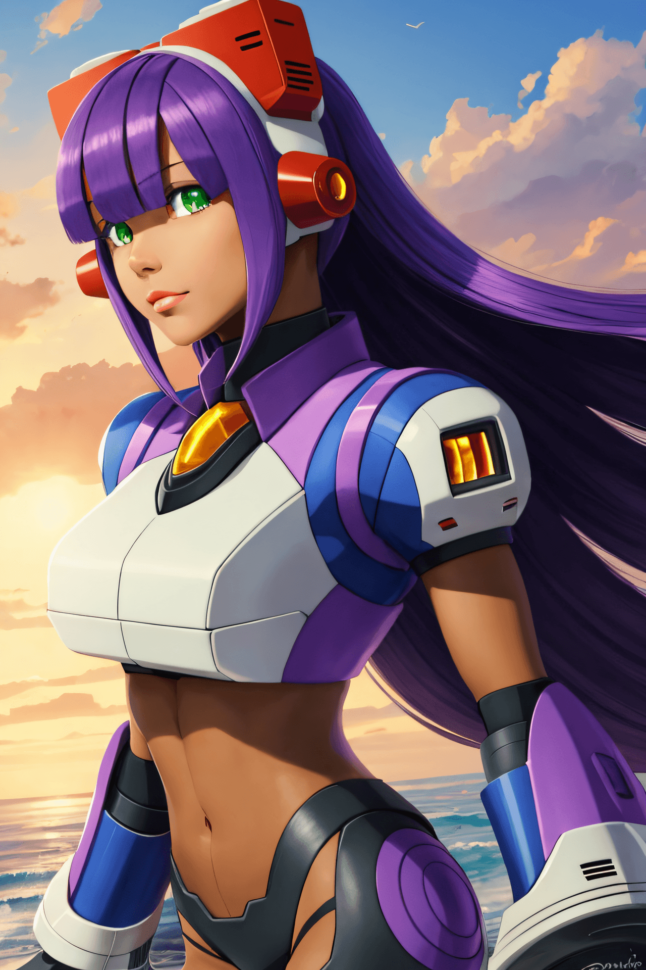 AI generated: best quality, masterpiece, solo, 1girl, layer_megamanx, long hair, purple hair, green eyes, blunt ba...