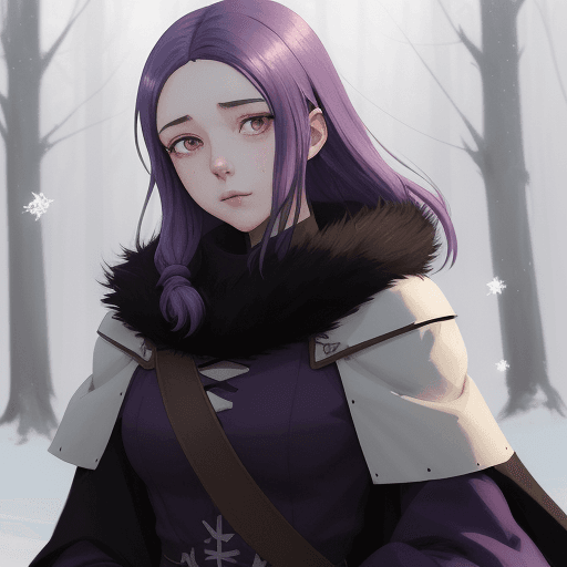 AI generated: prompt=Loona medieval character with shoulder-length purple hair cold fur clothes black eyes in autm...